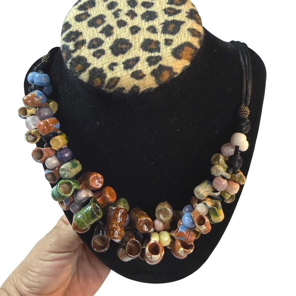 Vintage Artisan Ceramic Jug Statement Necklace Handmade Women Colorful Boho OOAK